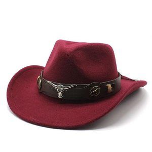 Red, Maroon Western‎ Cowboy, Cowgirl Hat, Bull Horns Strap, Men Women Wide Brim